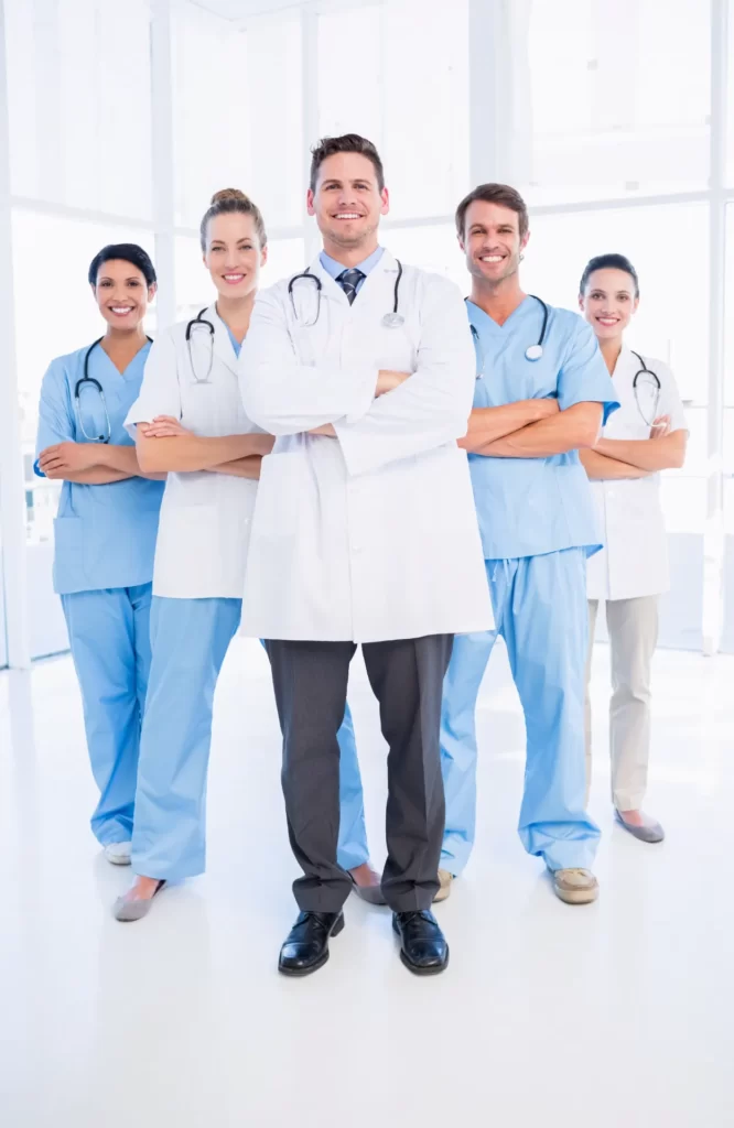 portrait of confident happy group of doctors stand utc